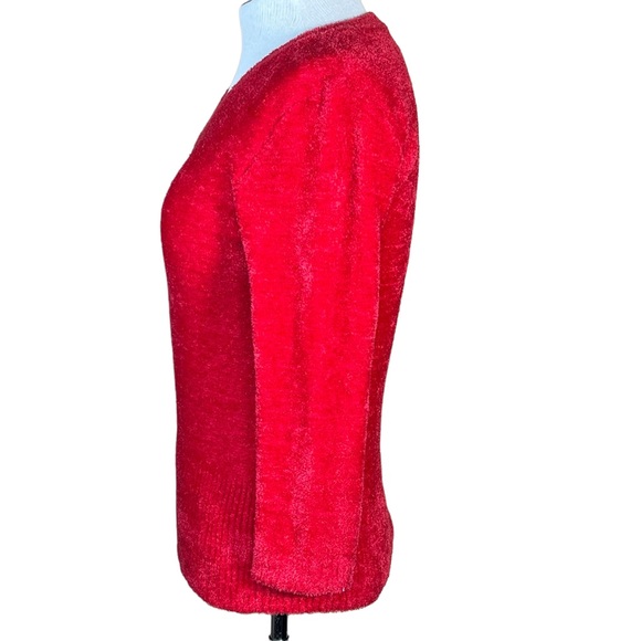 BAY STUDIO Career Petite Bright Red Super Cozy Chenille V-Neck Sweater PS - Picture 4 of 9